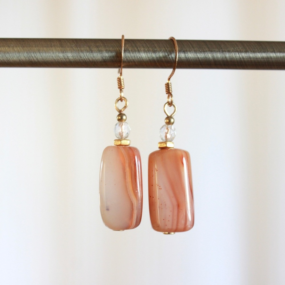 Handmade Orange Banded Agate Rectangle Drop Earrings Gold Tone Crystal Accent